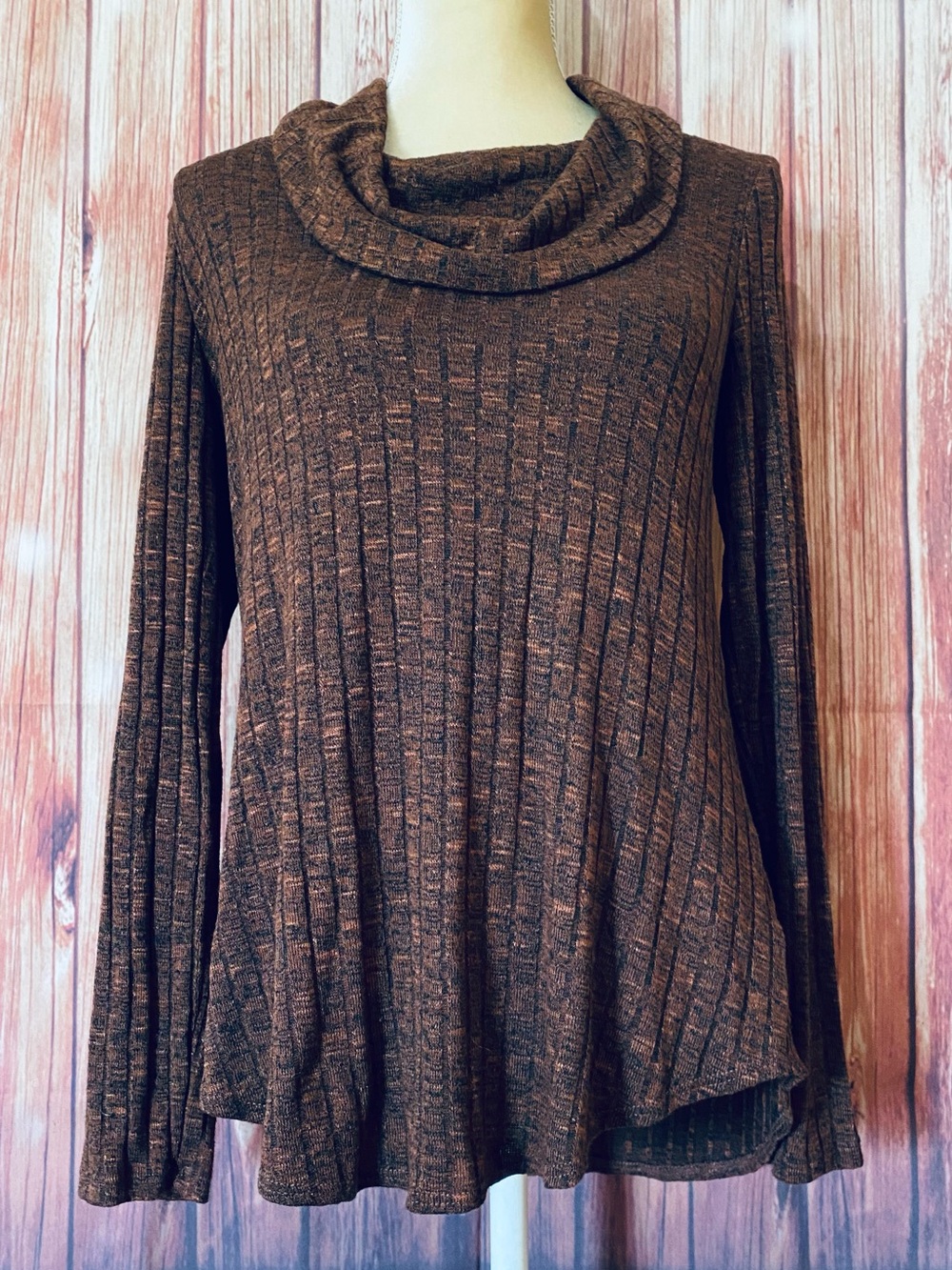Women’s Small Knit Top Fortune Ivy Brown Black Rib Textured Cowl Neck Soft
